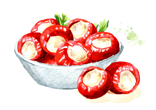 碗里塞满软奶酪的意大利胡椒。手绘水彩插图孤立的白色背景图片下载
