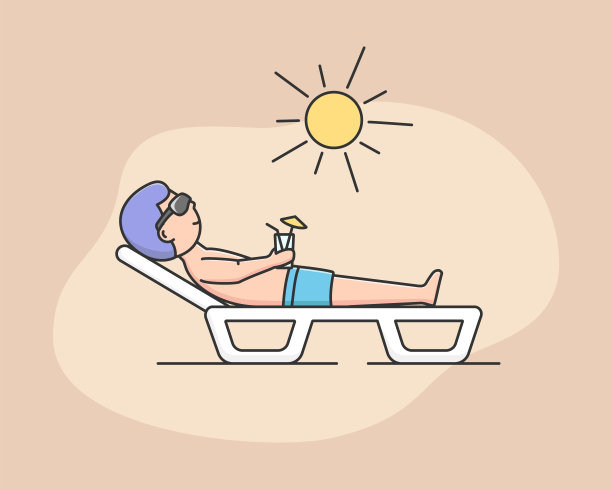 暑假假期与美丽概念。戴着墨镜的酷男孩，在海边晒太阳，躺在日光浴床上，喝着鸡尾酒。卡通线性轮廓扁平风格。矢量图图片下载