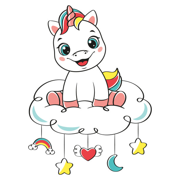 快乐的独角兽宝宝坐在云上图片下载