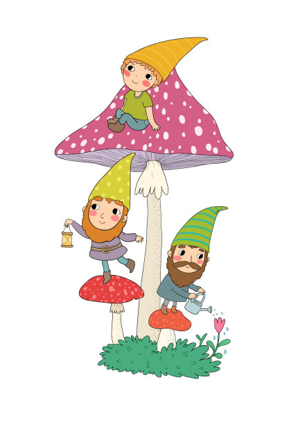 三个可爱的卡通侏儒。森林精灵。童话人物。图片下载