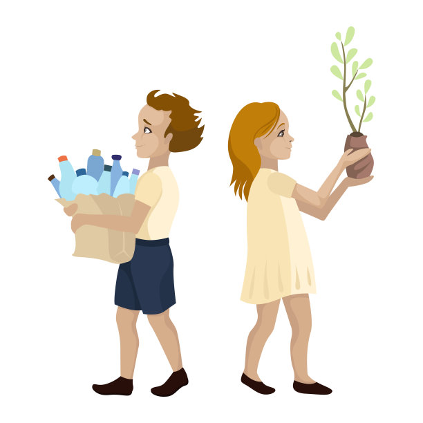 儿童志愿者收集塑料和植物图片下载