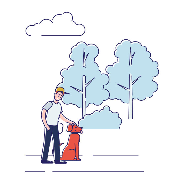 男孩遛狗。十几岁的孩子和宠物朋友户外在公园的树木背景图片下载