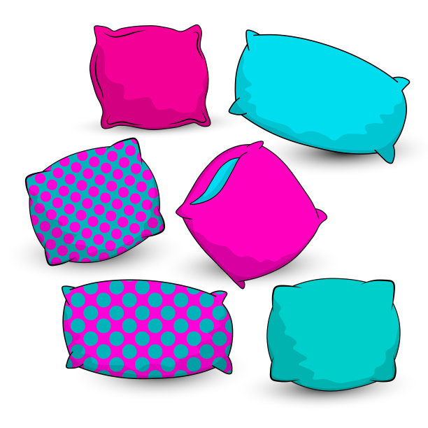 素描矢量插图的彩色枕头。大集合。勾勒出卧室和睡眠床的元素。线条艺术，孤立的彩色枕头。卡通平面插图。手卓尔设计。图片下载