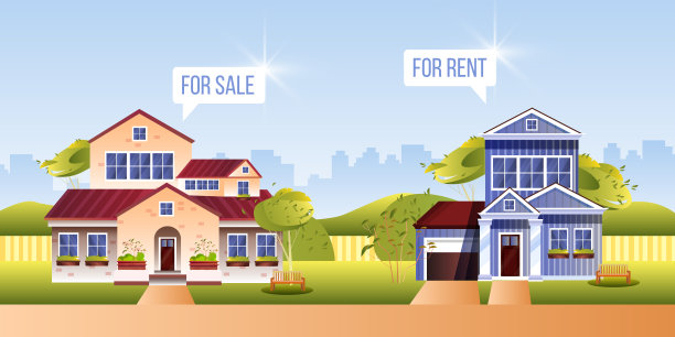 街道、城市景观、建筑物、前院、树木、草坪等平面风格的房地产插画。图片下载