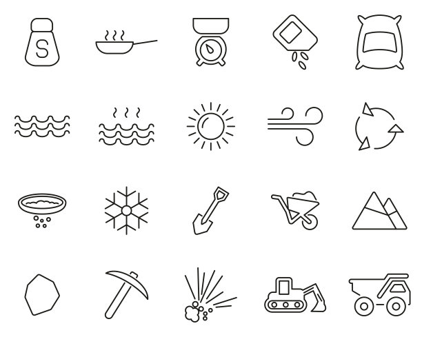 盐和盐采矿图标黑和白细线设置大图片下载