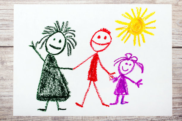 彩色手绘照片:幸福家庭。母亲，父亲和女儿。图片下载