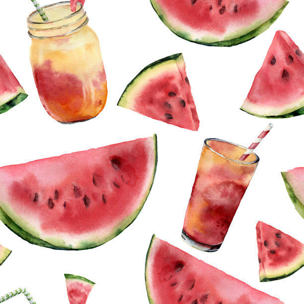 水彩西瓜和鸡尾酒大无缝图案。手画西瓜片与水果鸡尾酒孤立在白色的背景。甜的甜点。食物插图的设计，印刷或织物。素材图片