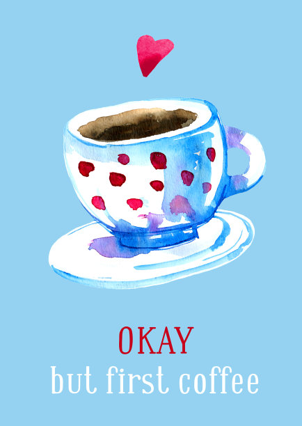 咖啡杯水彩插图t海报和卡片上的蓝色背景图片下载