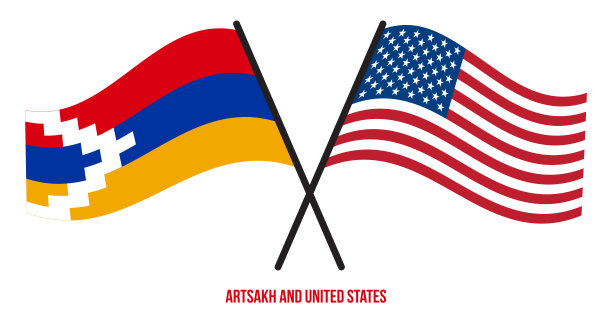 阿尔萨克和美国国旗交叉和挥舞的扁平风格。官方的比例。正确的颜色图片下载