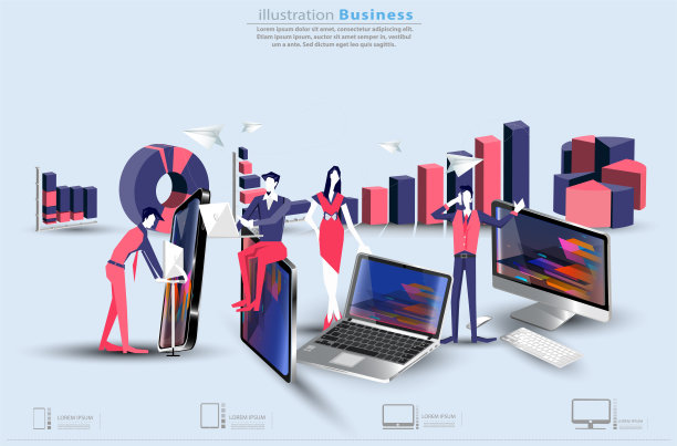 商业男人和女人团队头脑风暴，联系沟通手机，平板电脑，笔记本电脑，图标，图形，纸火箭折叠-创意现代的想法和概念信息图模板。图片下载