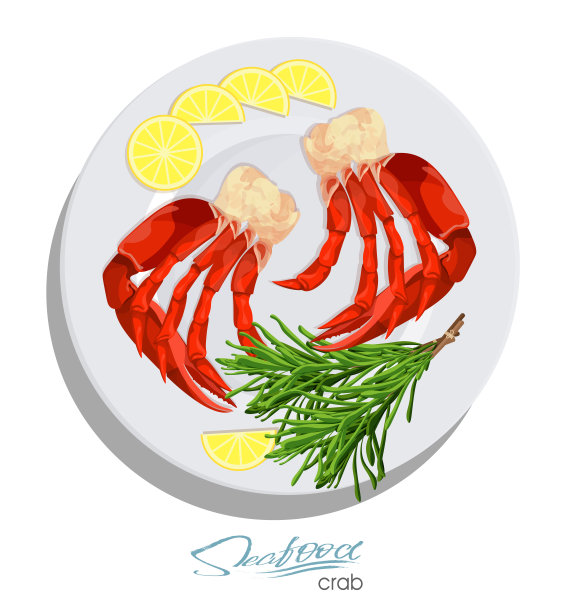 配上迷迭香和柠檬的蟹肉。矢量插图在卡通风格。海鲜产品设计。生活在水下世界的野生动物。食用海鲜。图片下载