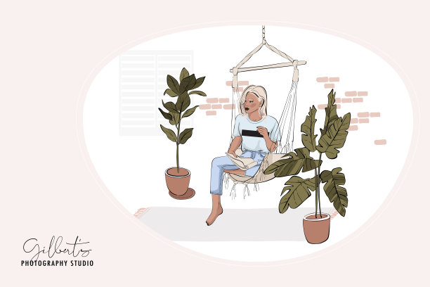 女人放松在家里或办公室吊床上，女孩阅读杂志生活插图。时髦有趣的室内插图，后院或庭院卡通人物放松，舒适的空间与手掌矢量素描图片下载