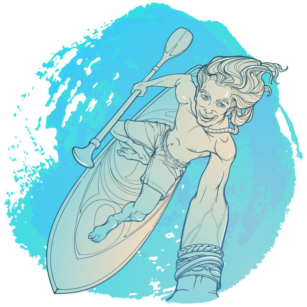 站起来划桨冲浪者。一个年轻人在冲浪，还在自拍。图片下载