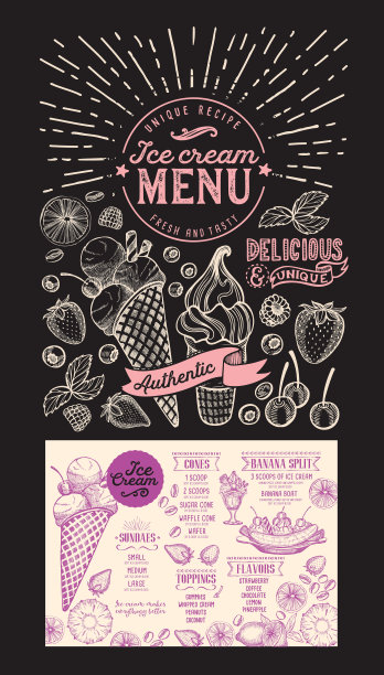 冰淇淋餐厅的菜单。矢量甜品食品传单为酒吧和咖啡馆。设计模板在黑板背景与复古手绘插图。图片下载