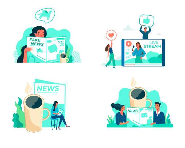 关于新闻的一套流行插图。假新闻，直播，新鲜早间新闻，早间新闻节目。图片下载