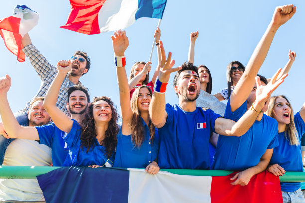 法国队的支持者在体育场挥舞着旗帜庆祝胜利图片下载