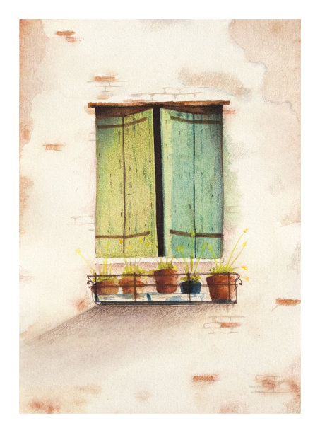 水彩画的窗户与关闭的百叶窗和花盆。图片下载