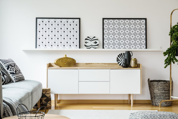 真实的照片，一个橱柜站在沙发和植物和篮子之间，一个架子上张贴着海报在客厅内部图片下载