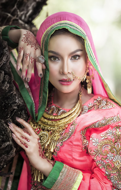 美丽的印度妇女的肖像在传统服装粉红色纱丽图片下载