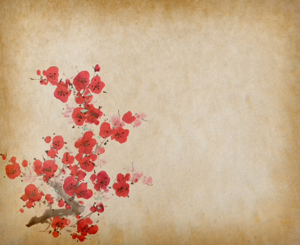 传统中国画春梅盛开在古老的纸质背景上图片下载