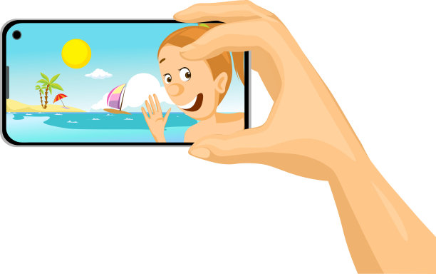 年轻女子从海滩热带度假用手机自拍照片-矢量插图孤立在白色背景图片下载