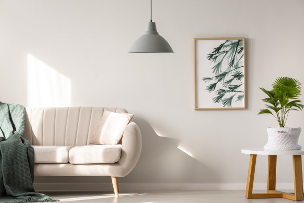 这是一张真实的照片，沙发上有毯子和枕头，旁边放着植物，在米色的客厅里，有一盏吊灯，墙上挂着海报图片下载