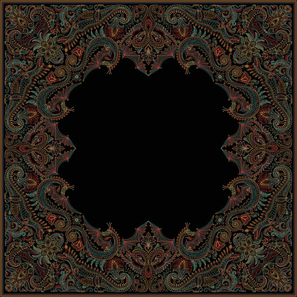 抽象的现代围巾印花与幽默的龙在黑色的背景。佩斯利图案由深色彩色手绘花卉，蕨类植物的叶子和幻想的野兽动物，装饰可爱的恐龙图片下载