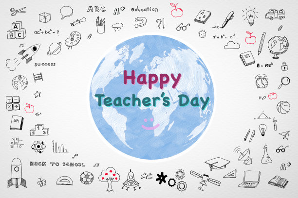 快乐世界教师节理念与涂鸦在白色水彩纸上图片下载