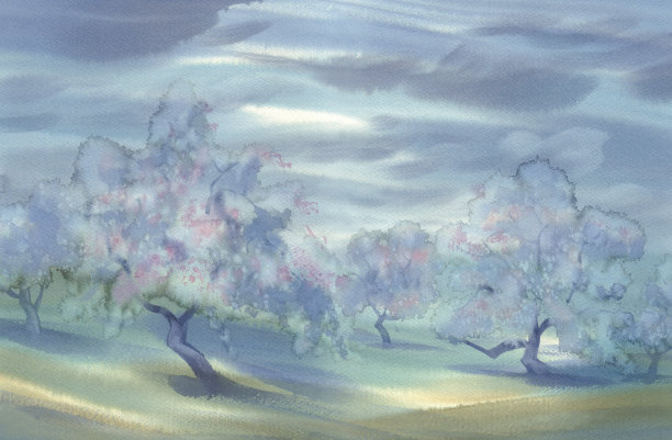 花坛在春日薄雾的水彩画背景中图片下载