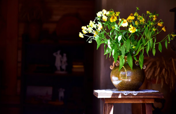 一束黄色的野花，天竺葵，紫锥菊插在一个圆锥形的陶瓷花瓶里。图片下载