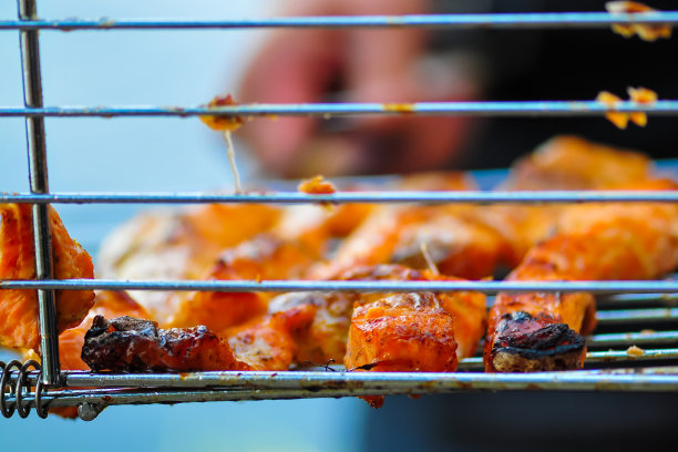 烧烤架上的美味烤鲑鱼排，太美了图片下载