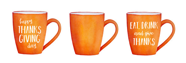 可爱的“感恩节快乐”手画杯子收集简短积极的节日短语。图片下载
