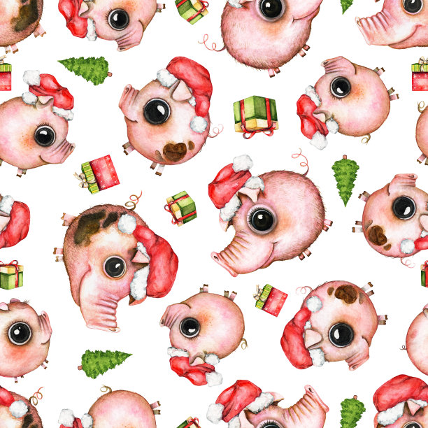水彩无缝图案与猪，圣诞树和礼物图片下载