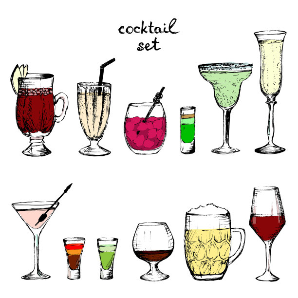 鸡尾酒-一套彩色手绘饮料图片下载