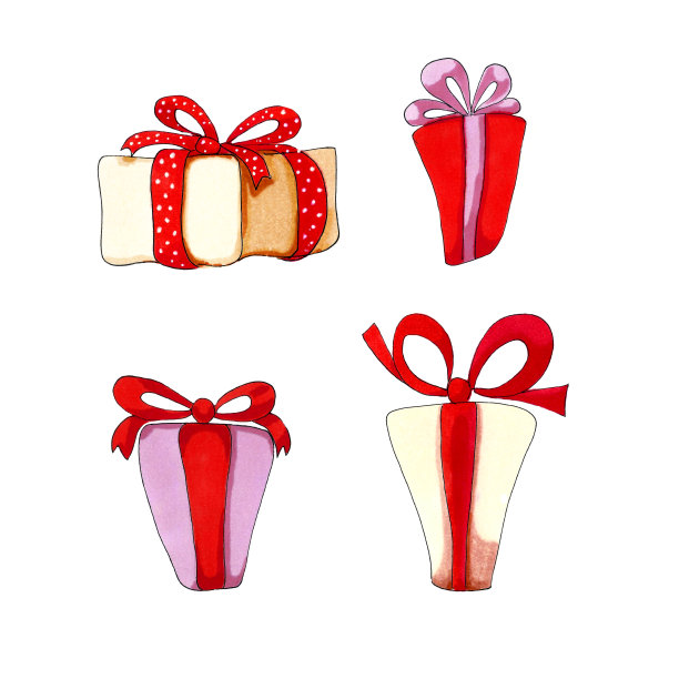 圣诞套装四个彩色礼品盒与丝带。图片下载