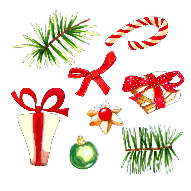 圣诞套装不同的庆祝对象:礼物，饼干，条纹糖果，圣诞树球和松树枝。图片下载
