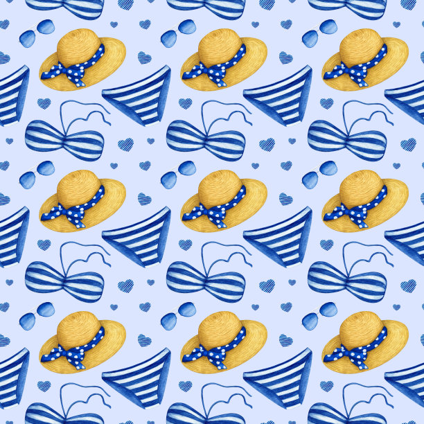 水彩无缝图案与夏季海滩服装和配件。手绘背景设计图片下载