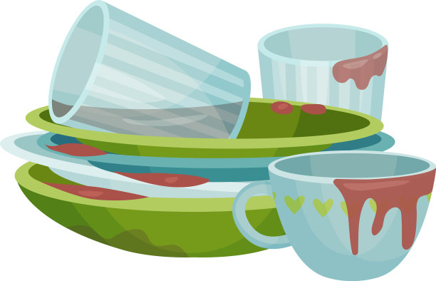 把脏盘子和陶器堆起来图片下载