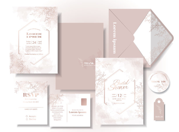 婚礼卡设置在粉红色水彩图案玫瑰金色调叶子图案，美丽，甜蜜，优雅，请回函。信封。贴纸。春天的集合。插图/向量图片下载