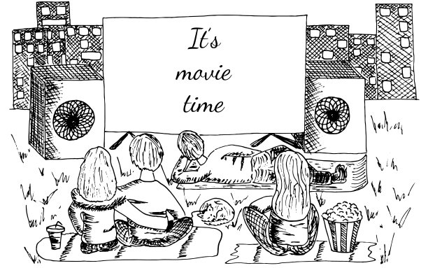 在公园的露天电影院看电影。人们坐在垫子上，上面放着爆米花，狗，苏打水。矢量手绘轮廓草图孤立在白色背景。景观、娱乐图片下载