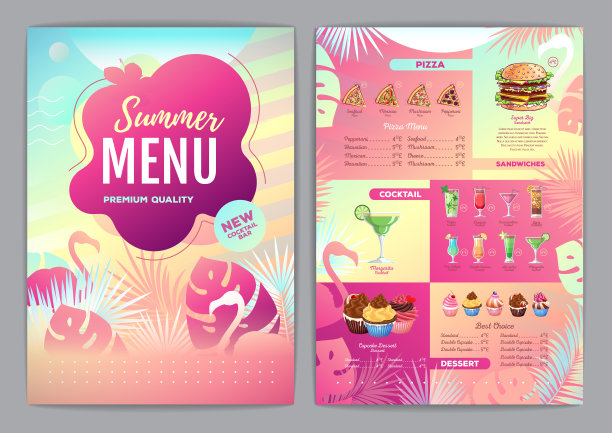 餐厅夏季热带梯度菜单设计与荧光热带树叶和火烈鸟。快餐菜单图片下载