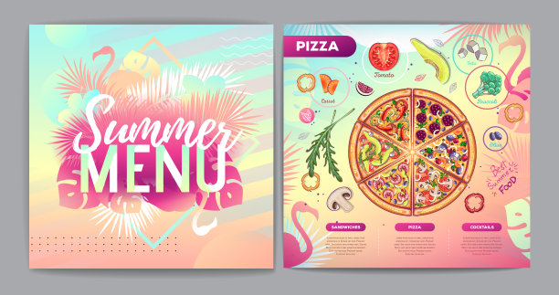 餐厅夏季热带梯度披萨菜单设计与荧光热带树叶和火烈鸟。快餐菜单图片下载