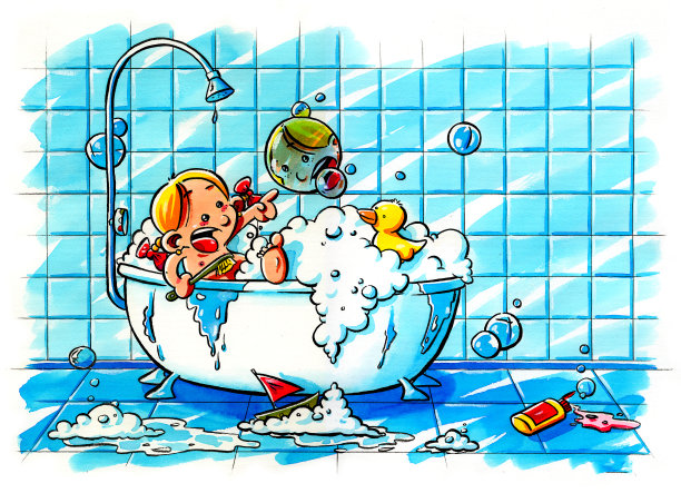 小女孩在浴缸里玩肥皂泡和橡皮鸭玩得很开心图片下载