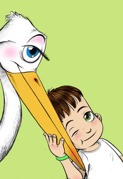 男孩抚摸着并拥抱着一只小鹳图片下载