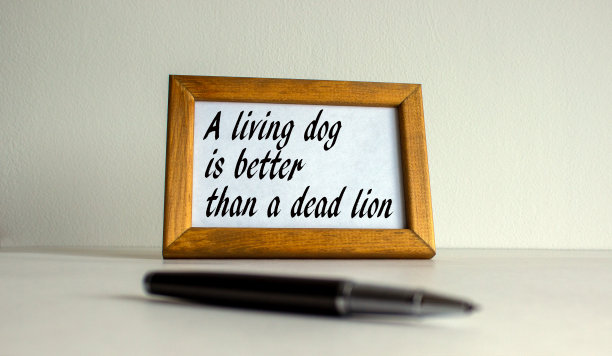 木制的画框，上面刻着“活狗胜过死狮”，上面印着美丽的白色fon。钢笔在桌子上。图片下载