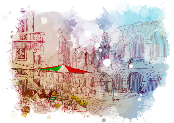 意大利维罗纳古罗马竞技场。水彩纹理背景上的线性草图图片下载