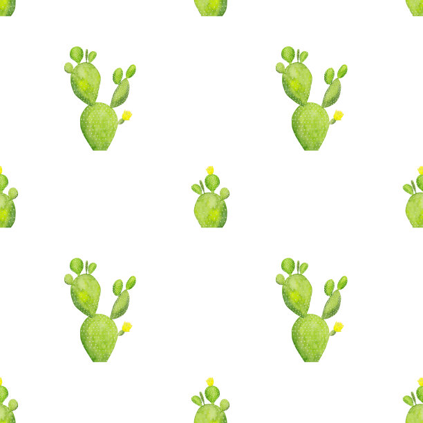 水彩手绘无缝热带模式与绿色的仙人掌植物和黄色的花孤立在白色的背景。图片下载