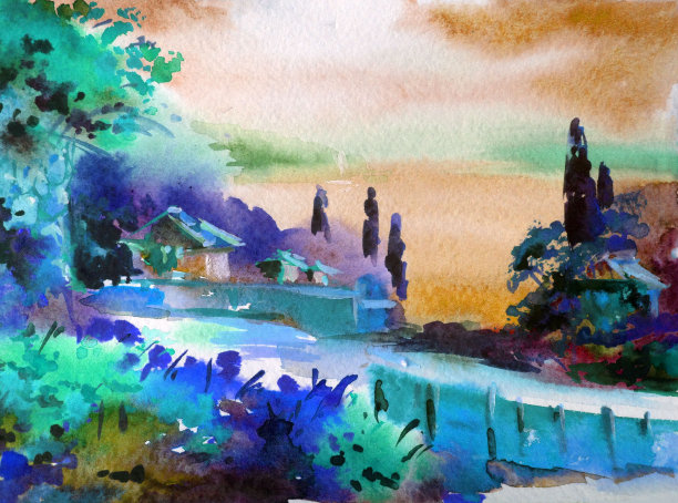 水彩色彩鲜艳，纹理鲜明，抽象背景手工制作。地中海风景。描绘海岸的建筑和植被图片下载