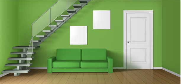 空客厅，有沙发、楼梯和门图片下载