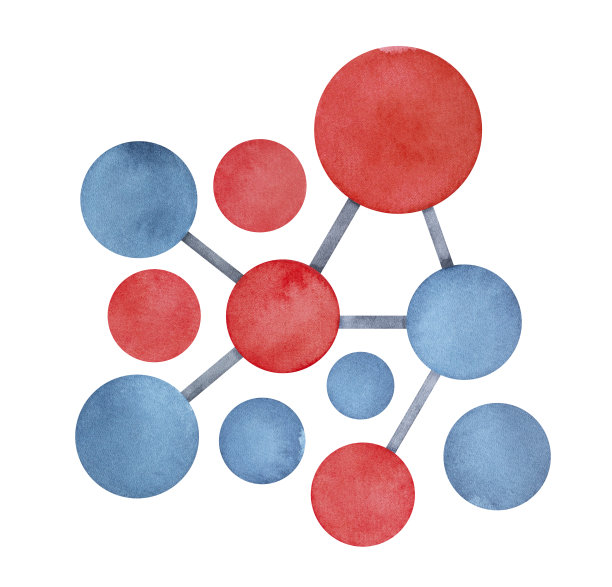 抽象的红色和蓝色分子的水彩插图。手绘水彩风格化图纸上的白色，剪纸剪辑艺术细节设计装饰，旗帜，模板，印刷，封面，贴纸。图片下载